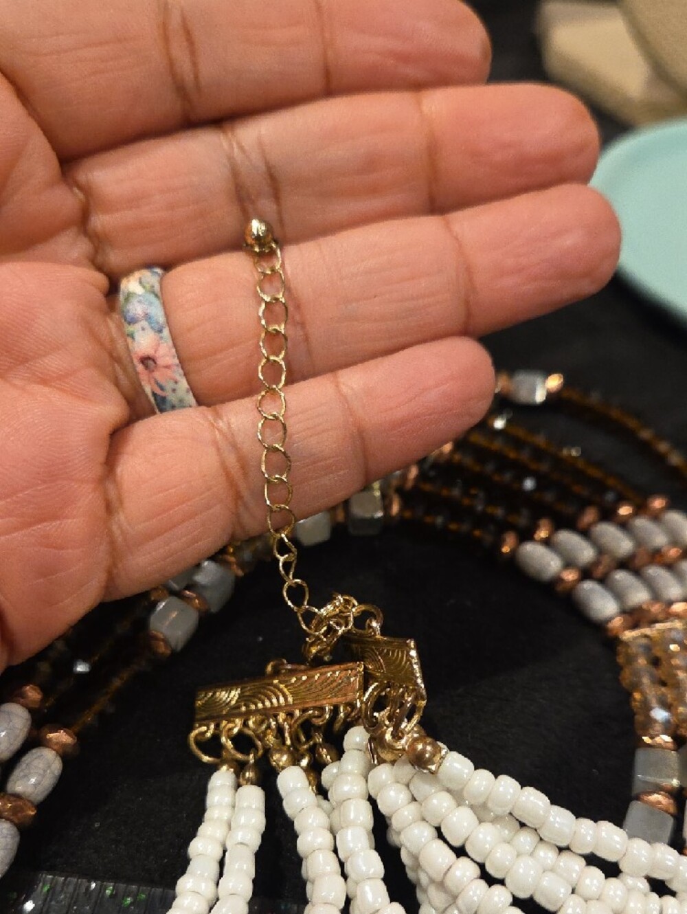 Handcrafted Multi-Strand Beaded Necklace in Rose Gold and White - Picture 5 of 6